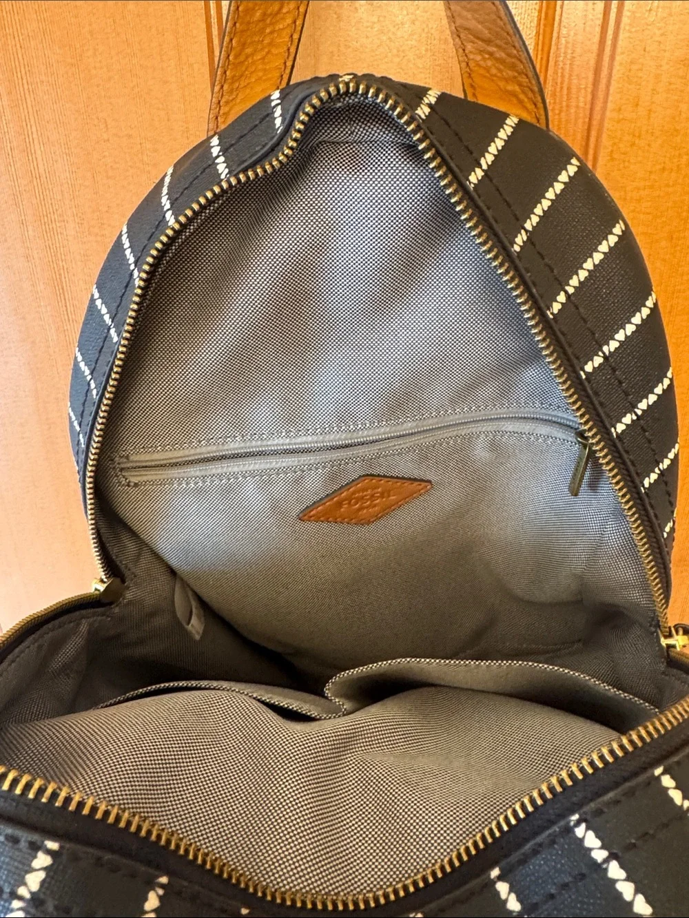 Fossil Black Striped Mini Backpack with Brown Accents